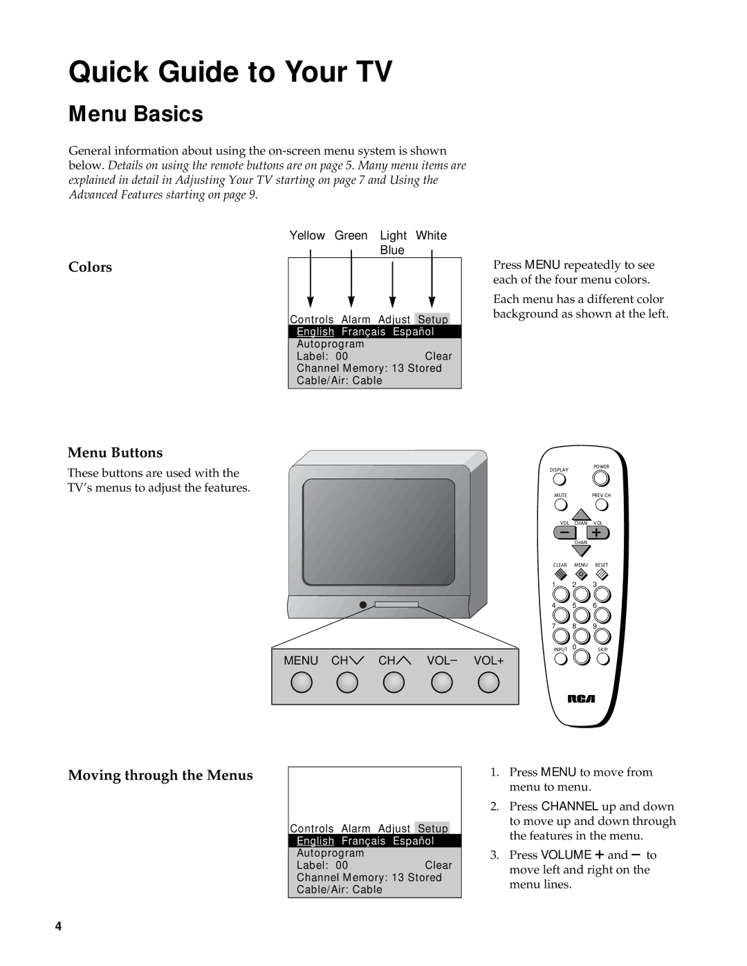 RCA M20303BL manual Menu Basics, Colors, Menu Buttons, Moving through the Menus 