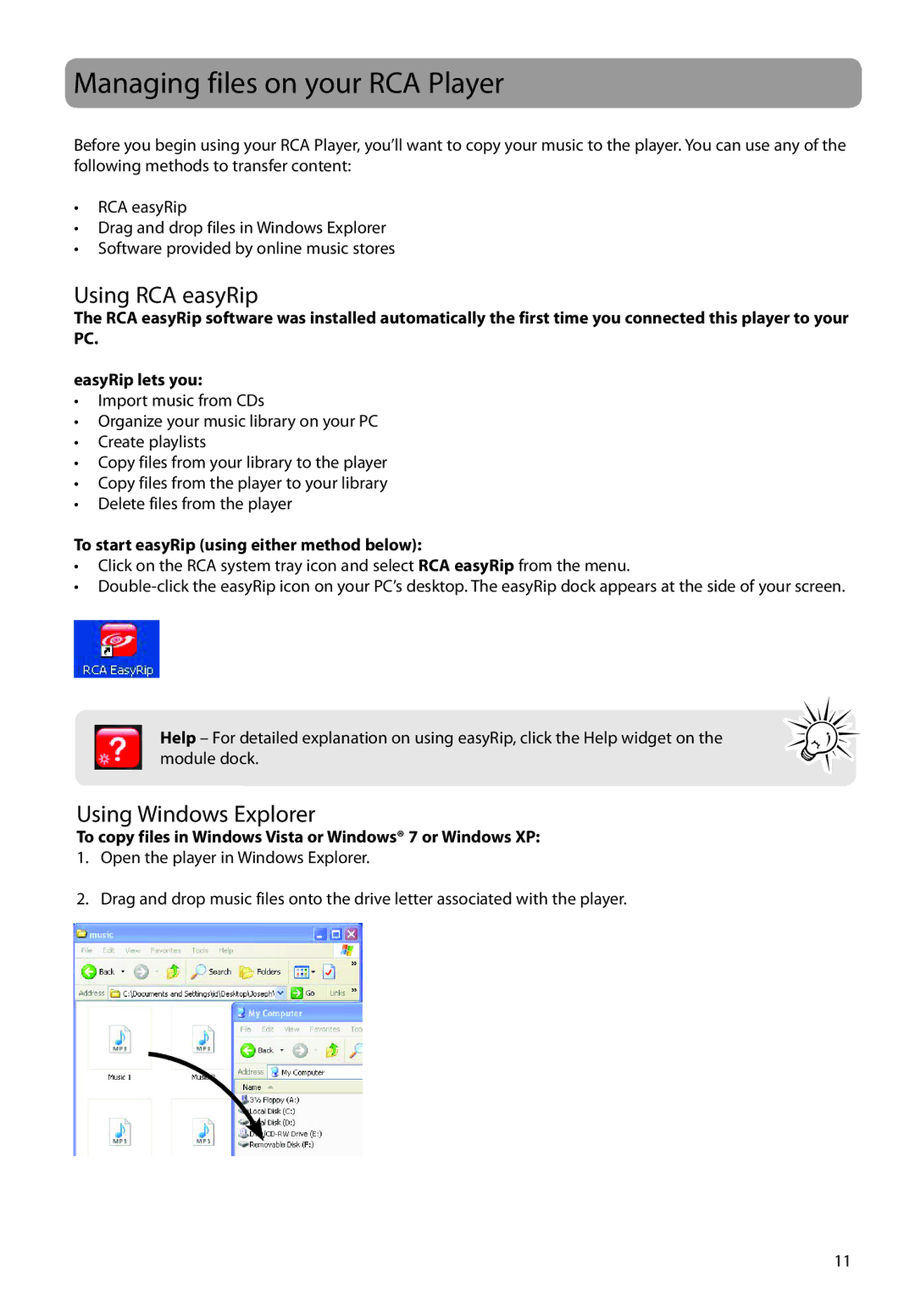 RCA M2204BL, M2208, M2202, M2204PL, M2204RD Managing files on your RCA Player, Using RCA easyRip, Using Windows Explorer 