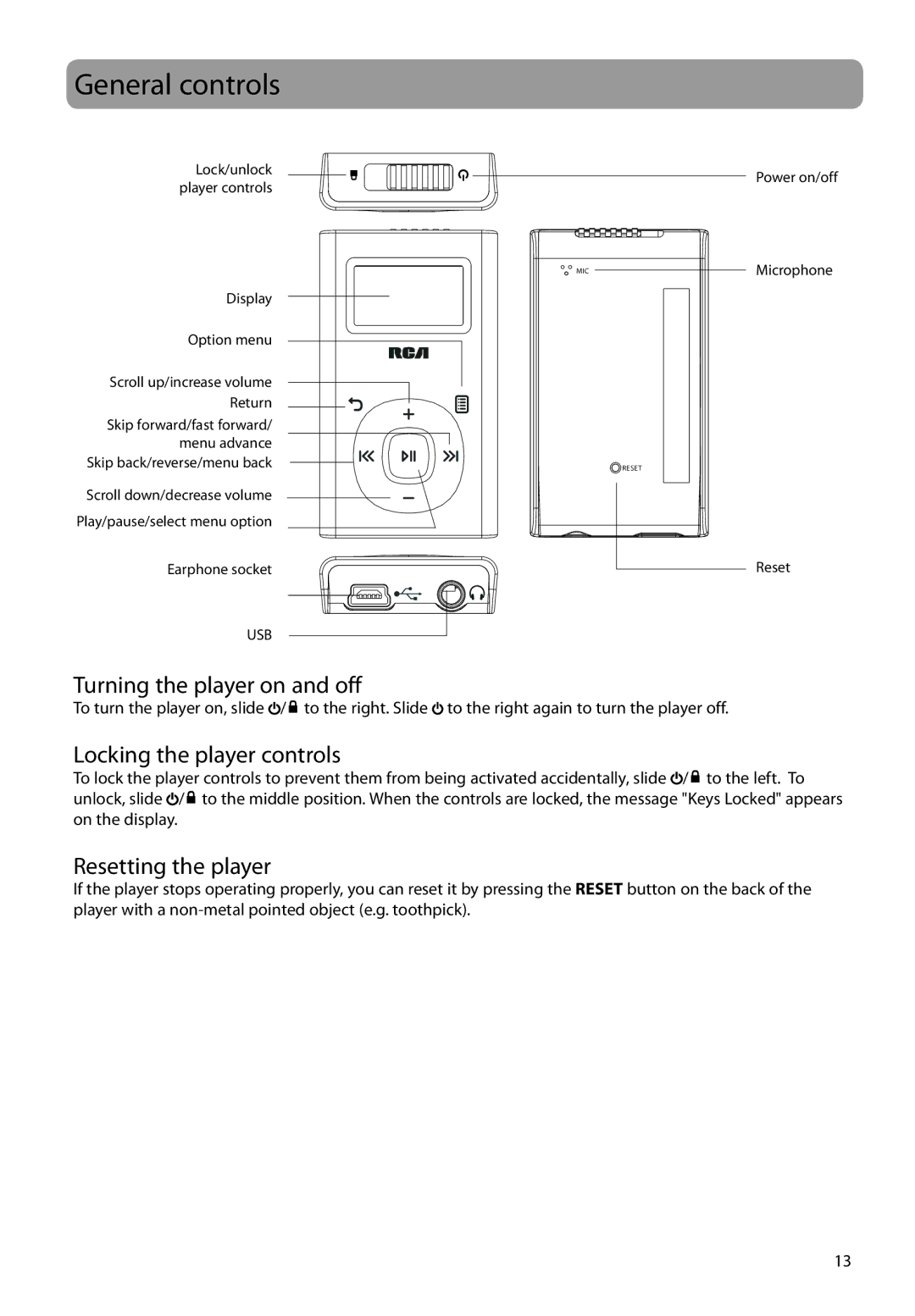 RCA M2204RD, M2208 General controls, Turning the player on and off, Locking the player controls, Resetting the player 