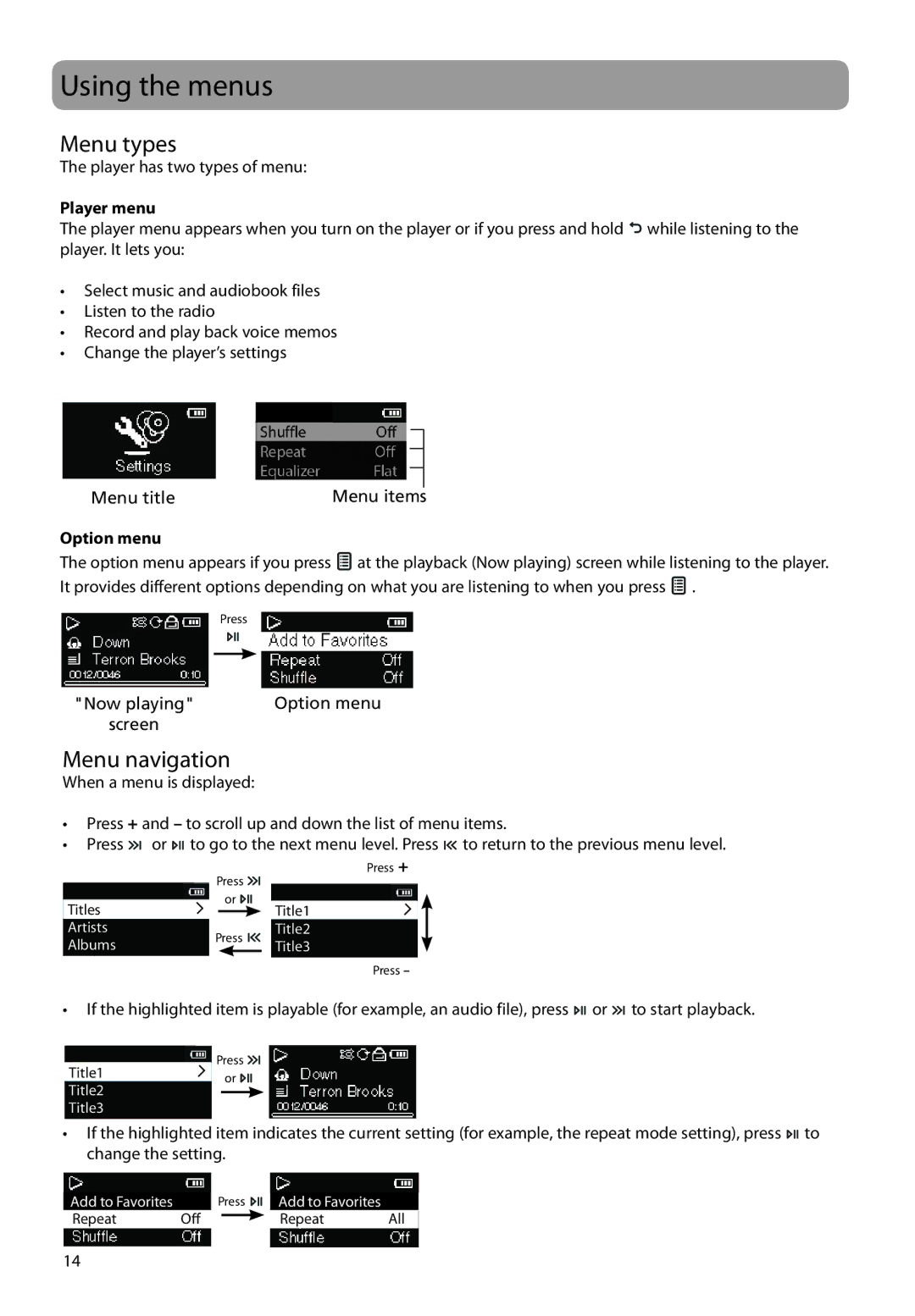 RCA M21 Series, M2208, M2202, M2204BL, M2204PL, M2204RD Using the menus, Menu types, Menu navigation, Player menu, Option menu 