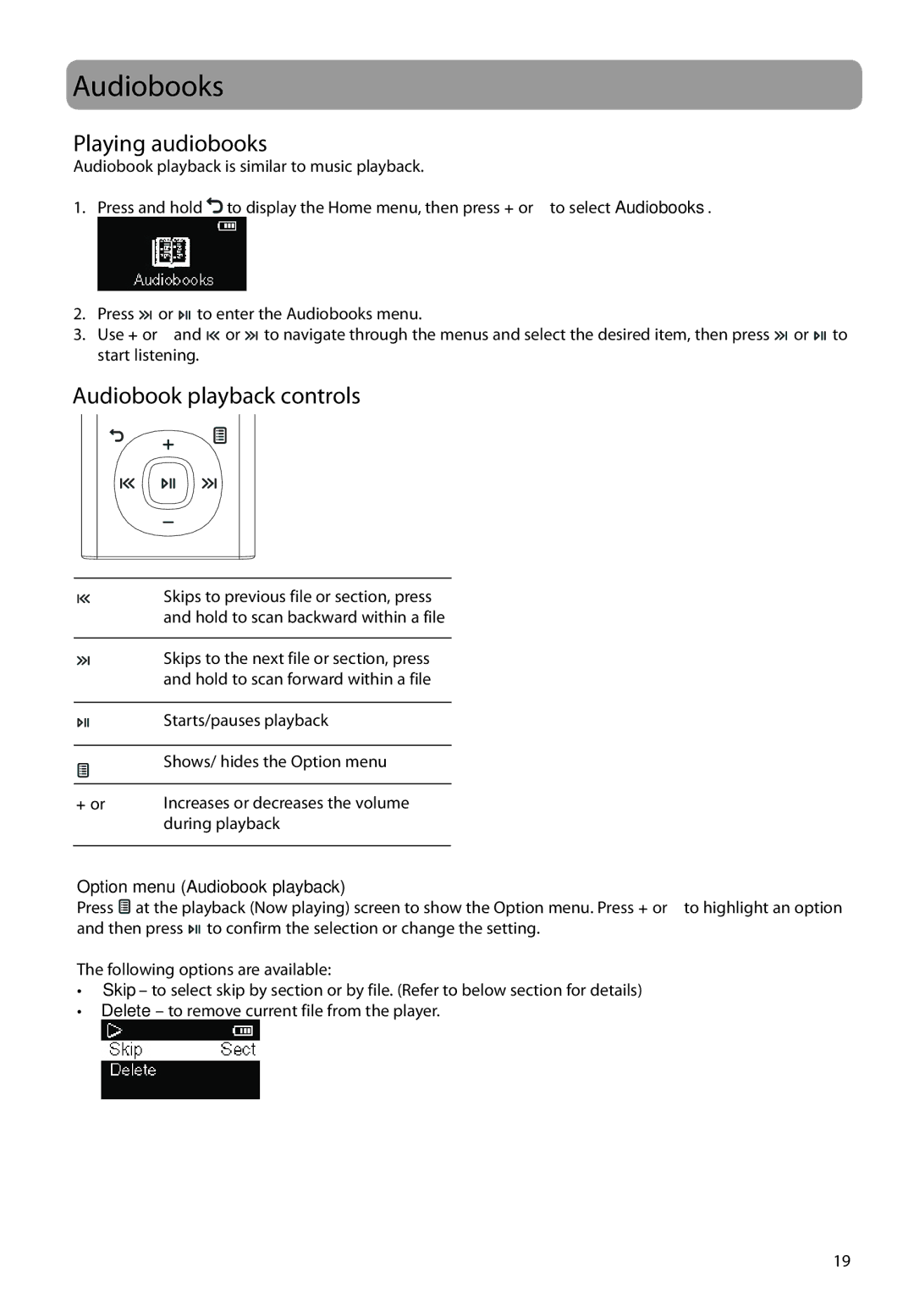 RCA M2202, M2208, M2204BL, M2104 Audiobooks, Playing audiobooks, Audiobook playback controls, Option menu Audiobook playback 