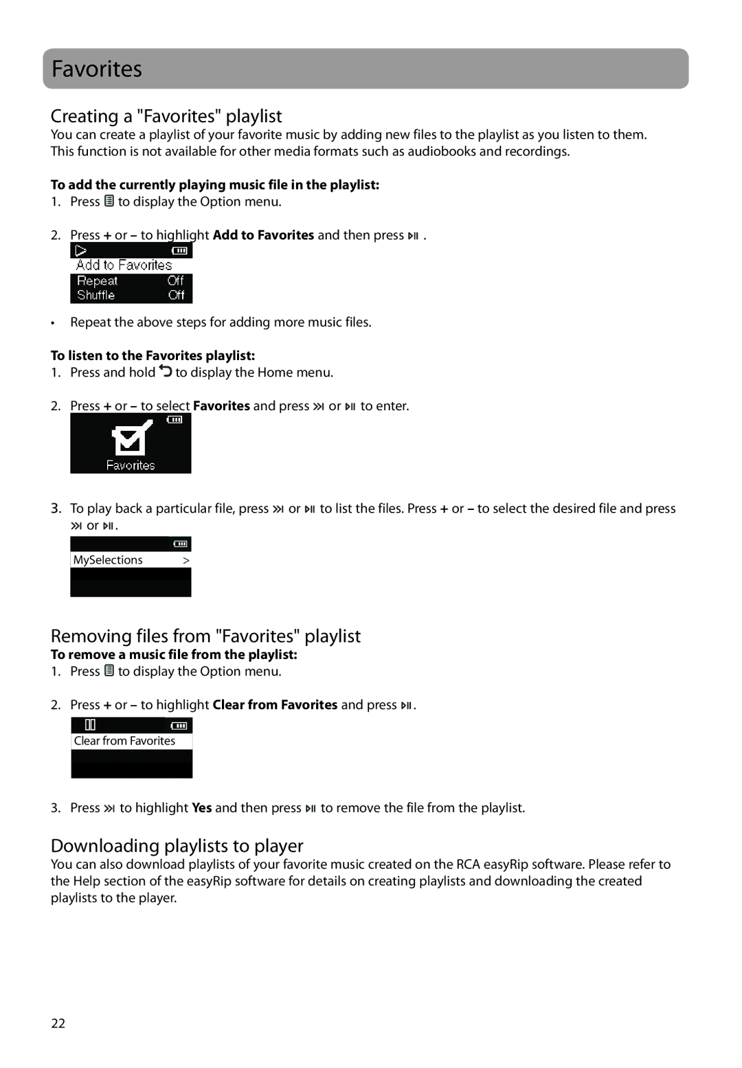 RCA M2204RD Creating a Favorites playlist, Removing files from Favorites playlist, Downloading playlists to player 