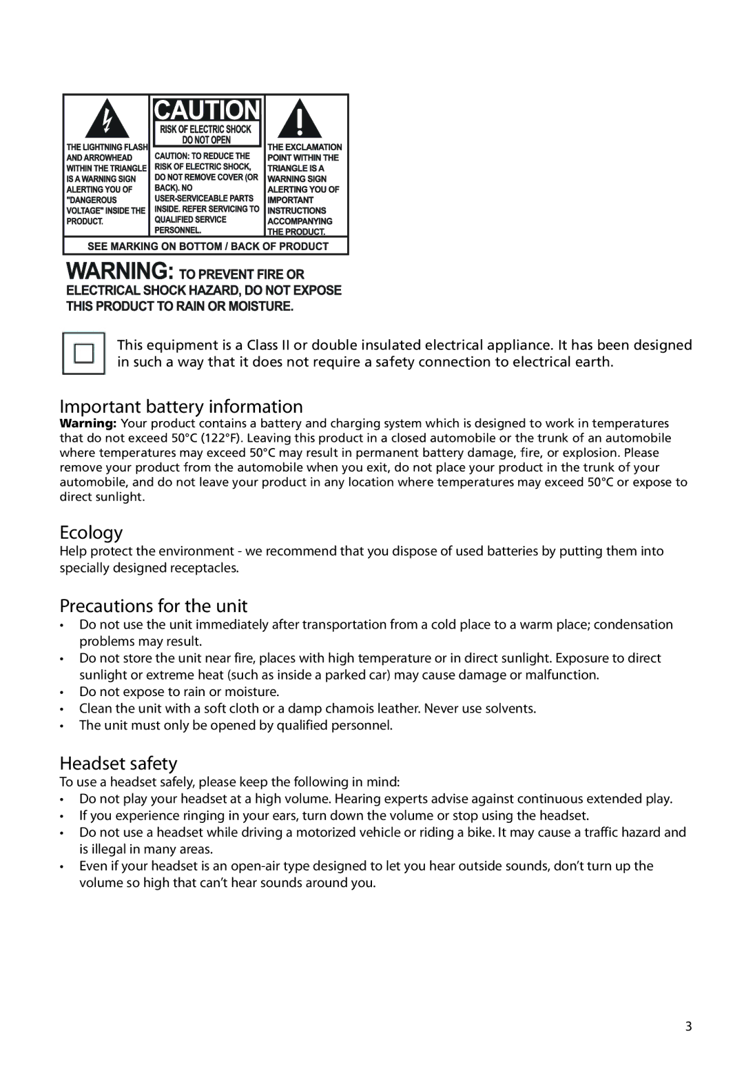 RCA M2204PL, M2208, M2202, M2204BL, M2204RD Important battery information Ecology, Precautions for the unit, Headset safety 