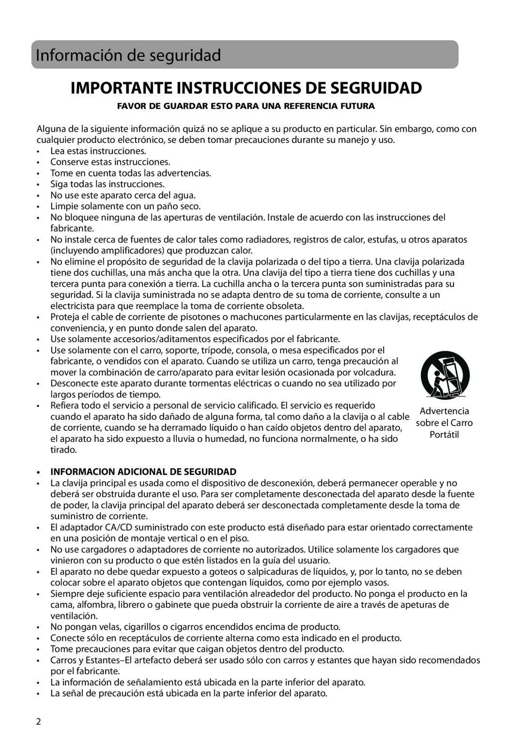 RCA M2204RD, M2208, M2202, M2204BL, M2204PL, M21 Series, M2104 Información de seguridad, Importante Instrucciones DE Segruidad 