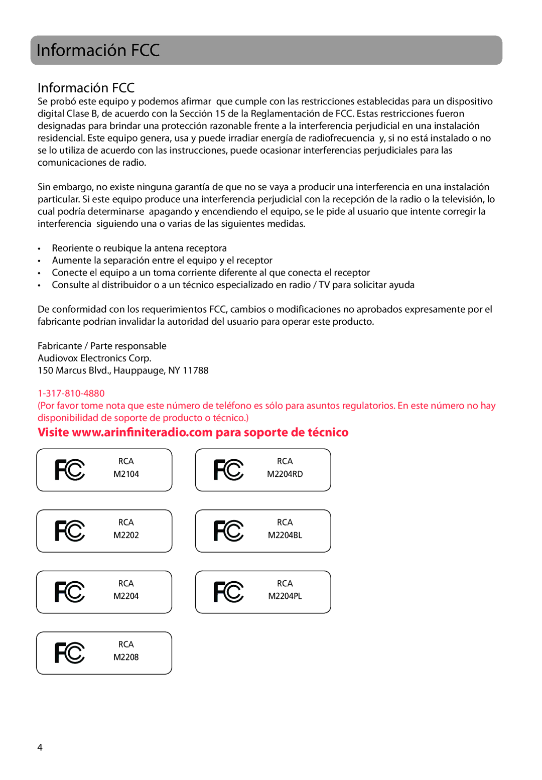 RCA M2104, M2208, M2202, M2204BL, M2204PL, M2204RD, M21 Series, M22 Series user manual Información FCC 