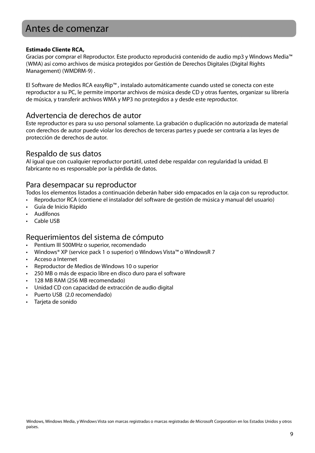 RCA M2204BL Antes de comenzar, Advertencia de derechos de autor, Respaldo de sus datos, Para desempacar su reproductor 