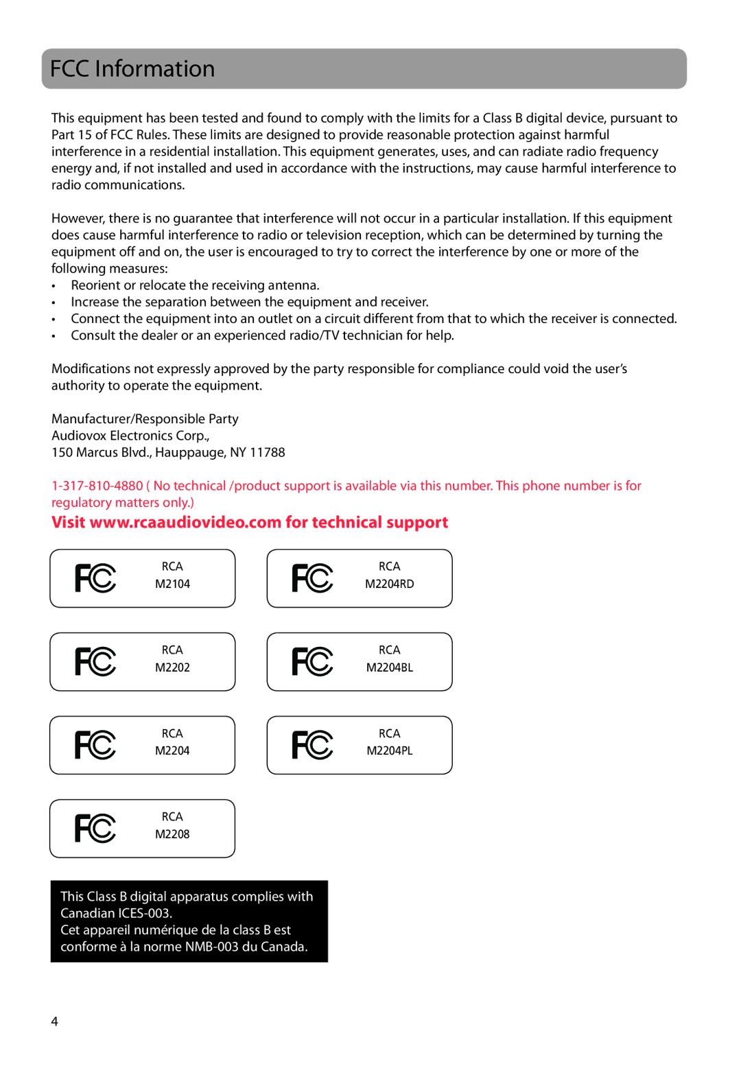 RCA M2204RD, M2208, M2202, M2204BL, M2204PL, M21 Series, M2104, M22 Series user manual FCC Information 