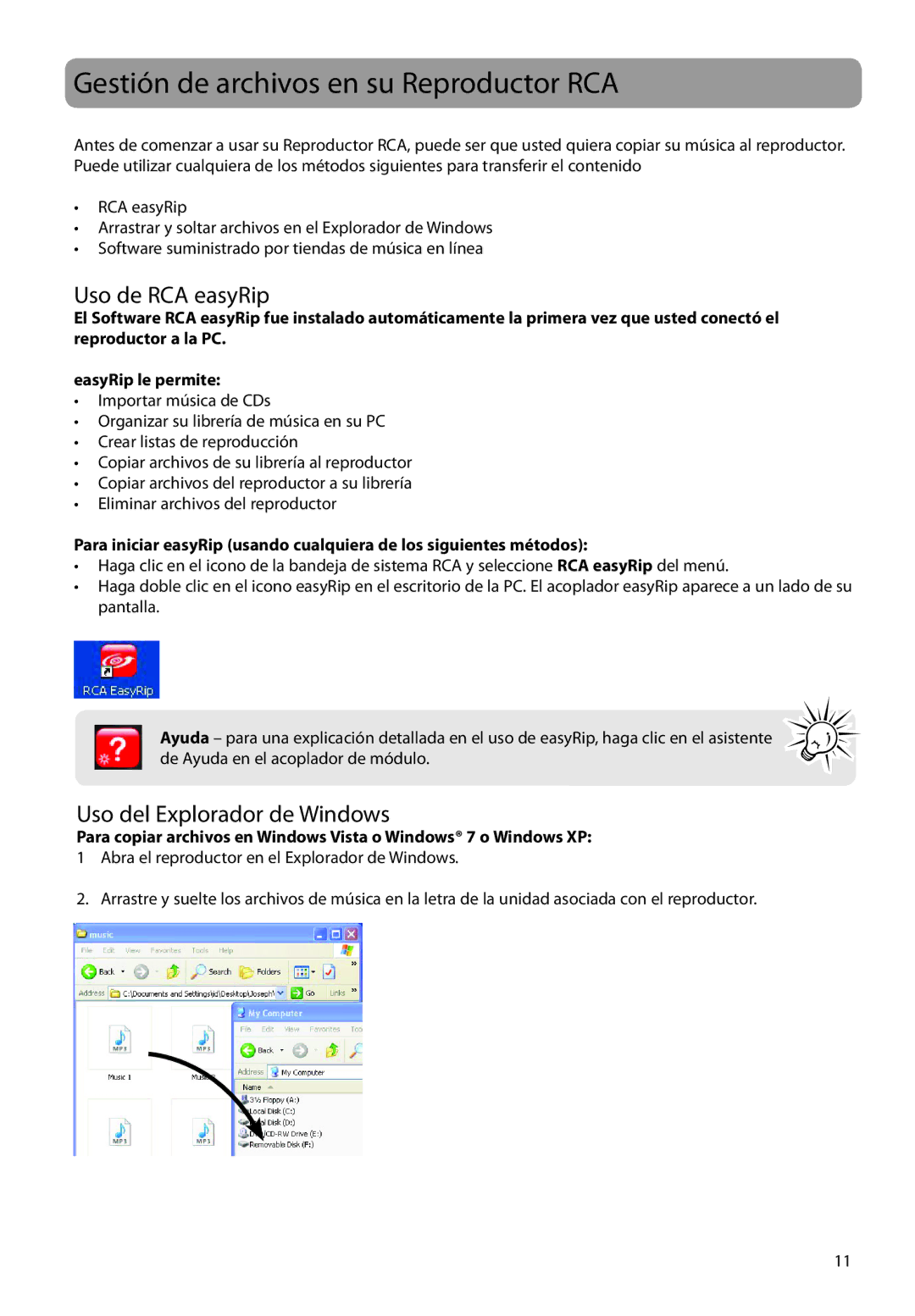 RCA M2204RD, M2208, M2202 Gestión de archivos en su Reproductor RCA, Uso de RCA easyRip, Uso del Explorador de Windows 