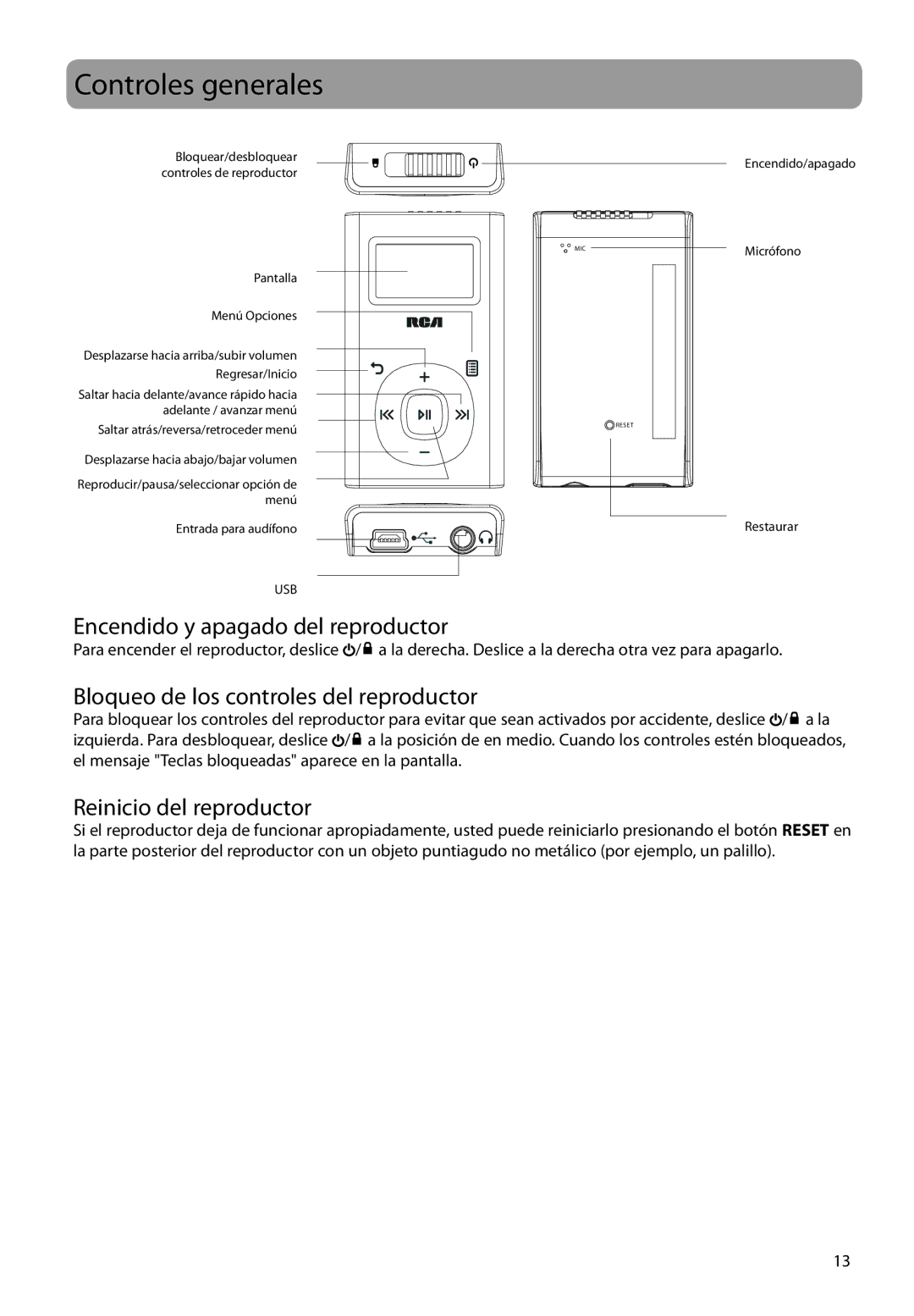 RCA M2104, M2208, M2202 Controles generales, Encendido y apagado del reproductor, Bloqueo de los controles del reproductor 