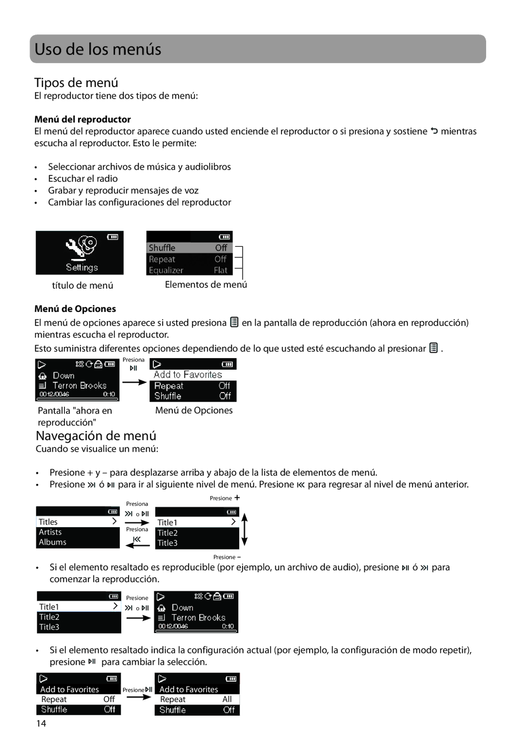 RCA M2208, M2202, M2204BL Uso de los menús, Tipos de menú, Navegación de menú, Menú del reproductor, Menú de Opciones 