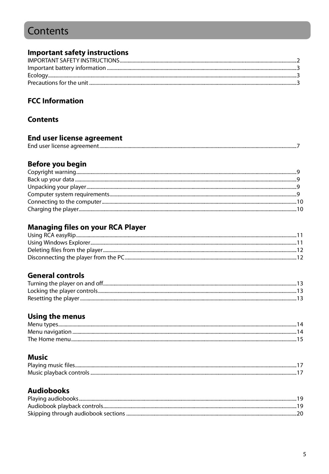 RCA M21 Series, M2208, M2202, M2204BL, M2204PL, M2204RD, M2104, M22 Series user manual Contents 