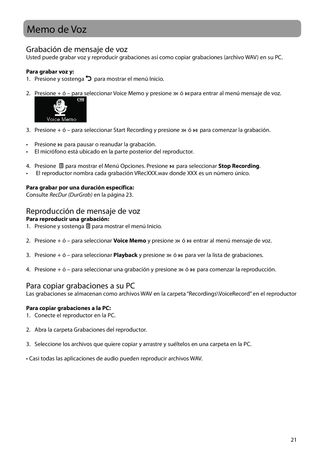 RCA M21 Series Memo de Voz, Grabación de mensaje de voz, Reproducción de mensaje de voz, Para copiar grabaciones a su PC 