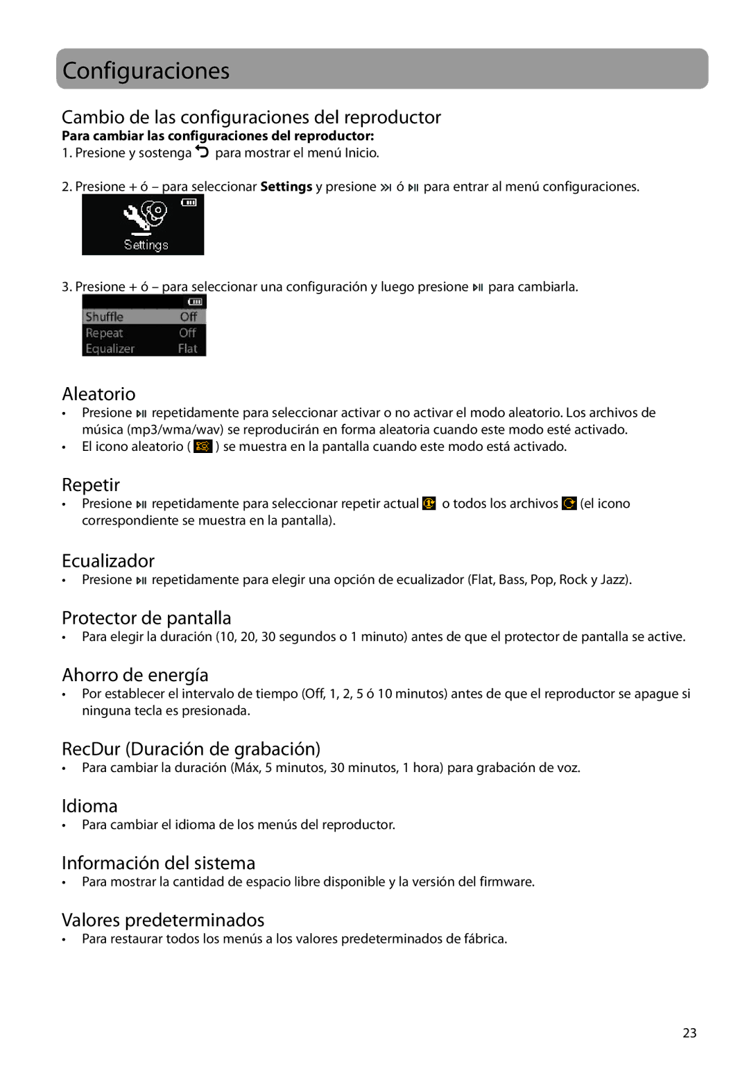 RCA M2208, M2202, M2204BL, M2204PL, M2204RD, M21 Series, M2104, M22 Series user manual Configuraciones 