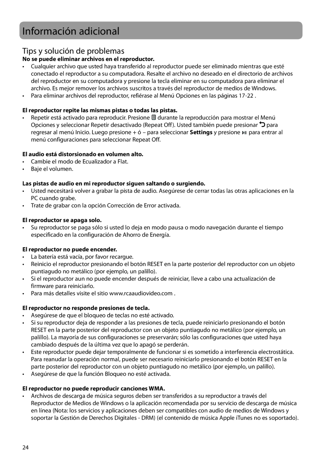 RCA M22 Series, M2208, M2202, M2204BL, M2204PL, M2204RD, M21 Series, M2104 Información adicional, Tips y solución de problemas 