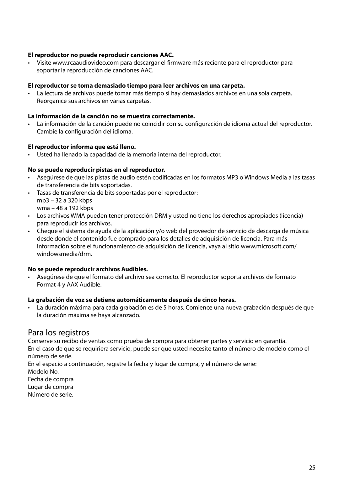 RCA M2208, M2202, M2204BL, M2204PL, M2204RD Para los registros, La información de la canción no se muestra correctamente 