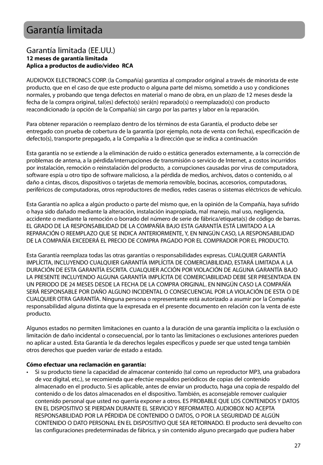 RCA M2204BL, M2208, M2202, M2204PL, M2204RD, M21 Series Garantía limitada EE.UU, Cómo efectuar una reclamación en garantía 