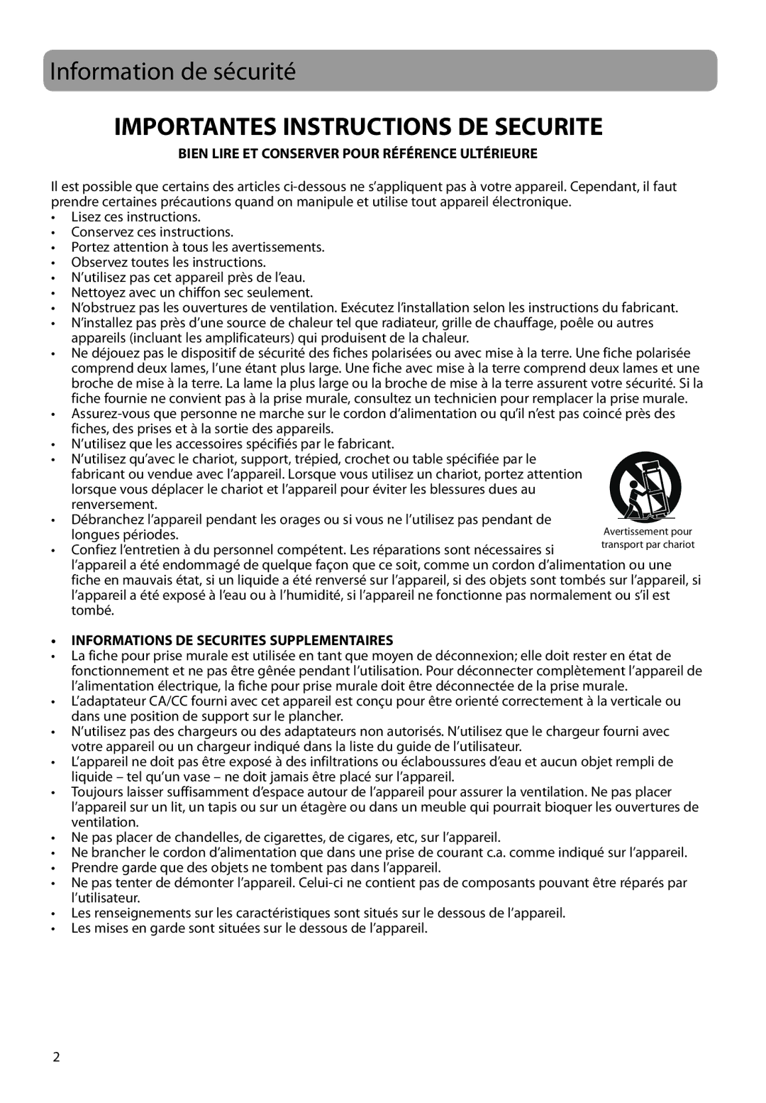 RCA M2104, M2208, M2202, M2204BL, M2204PL, M2204RD, M21 Series Information de sécurité, Importantes Instructions DE Securite 