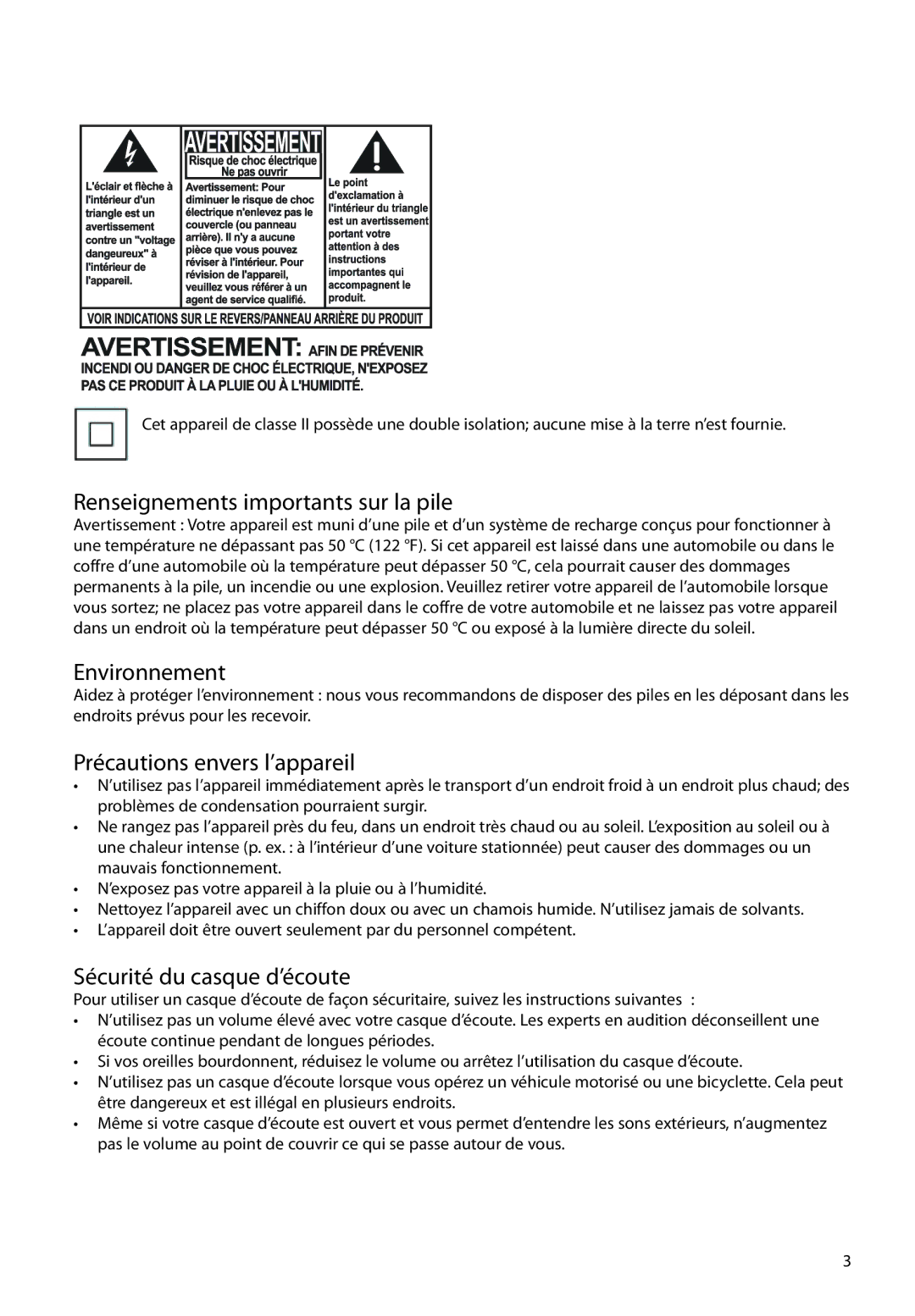 RCA M2204 Renseignements importants sur la pile, Environnement, Précautions envers l’appareil, Sécurité du casque d’écoute 