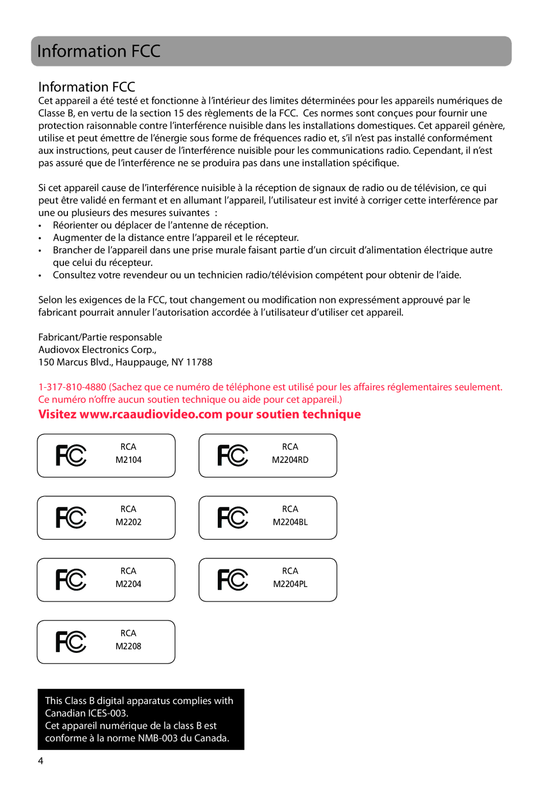 RCA M22 Series, M2208, M2202, M2204BL, M2204PL, M2204RD, M21 Series, M2104 user manual Information FCC 