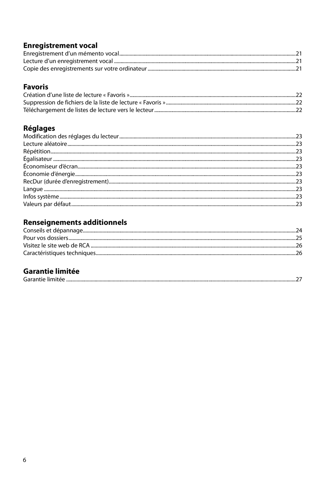 RCA M2202, M2208, M2204BL, M2204PL, M2204RD, M21 Series, M2104, M22 Series user manual Garantie limitée 