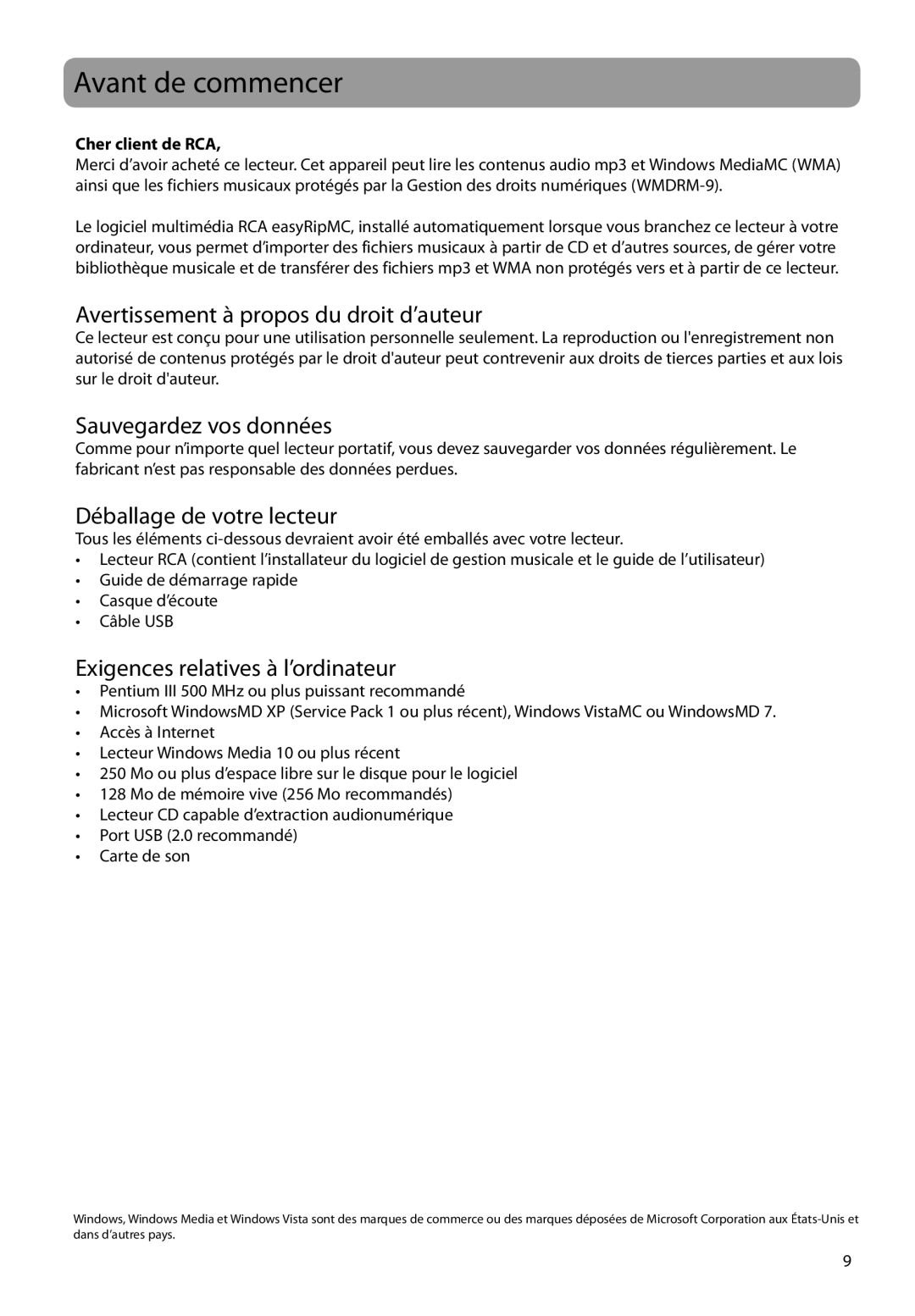 RCA M2204RD, M2208, M2202, M2204BL Avant de commencer, Avertissement à propos du droit d’auteur, Sauvegardez vos données 