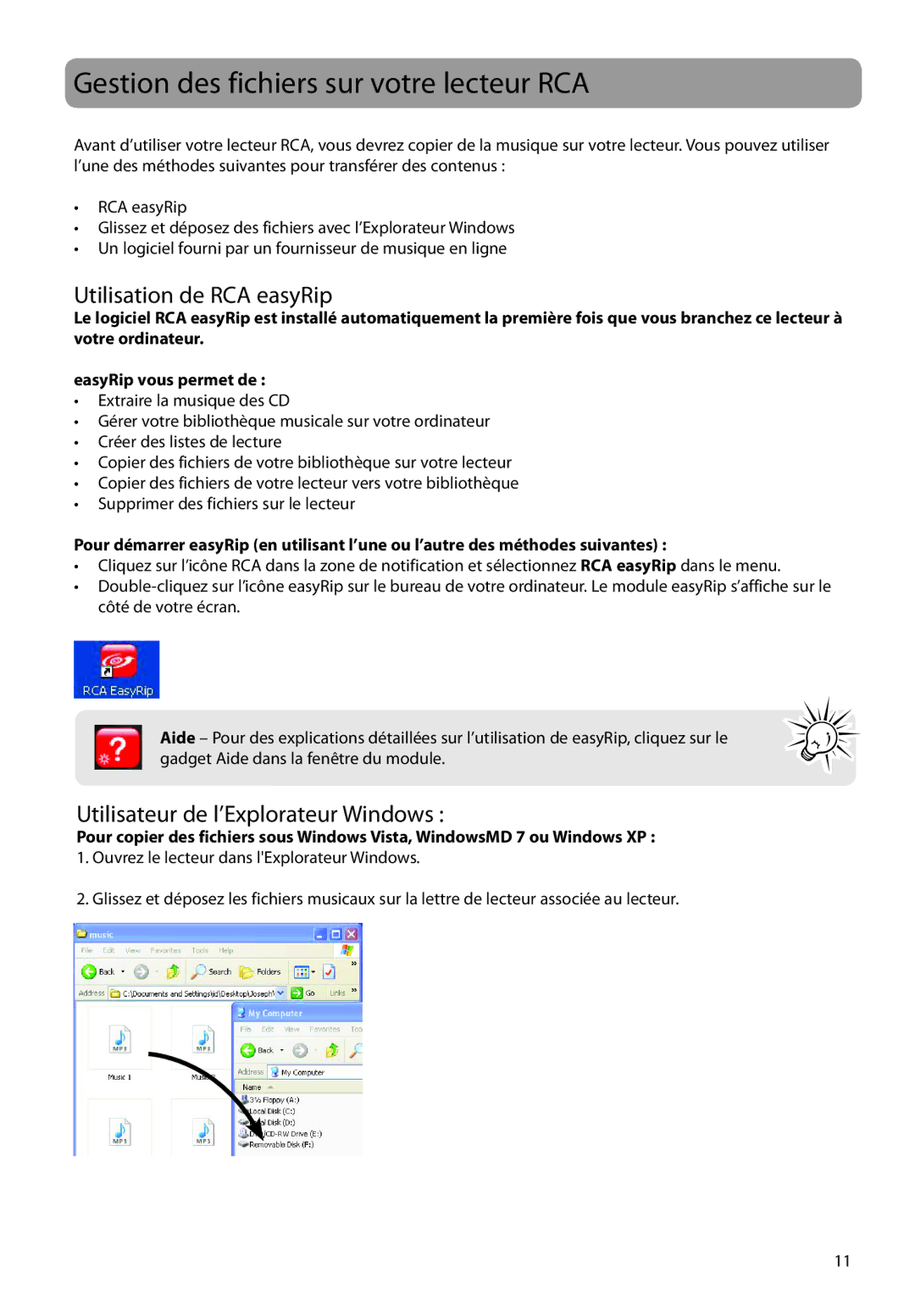 RCA M2104 Gestion des fichiers sur votre lecteur RCA, Utilisation de RCA easyRip, Utilisateur de l’Explorateur Windows 