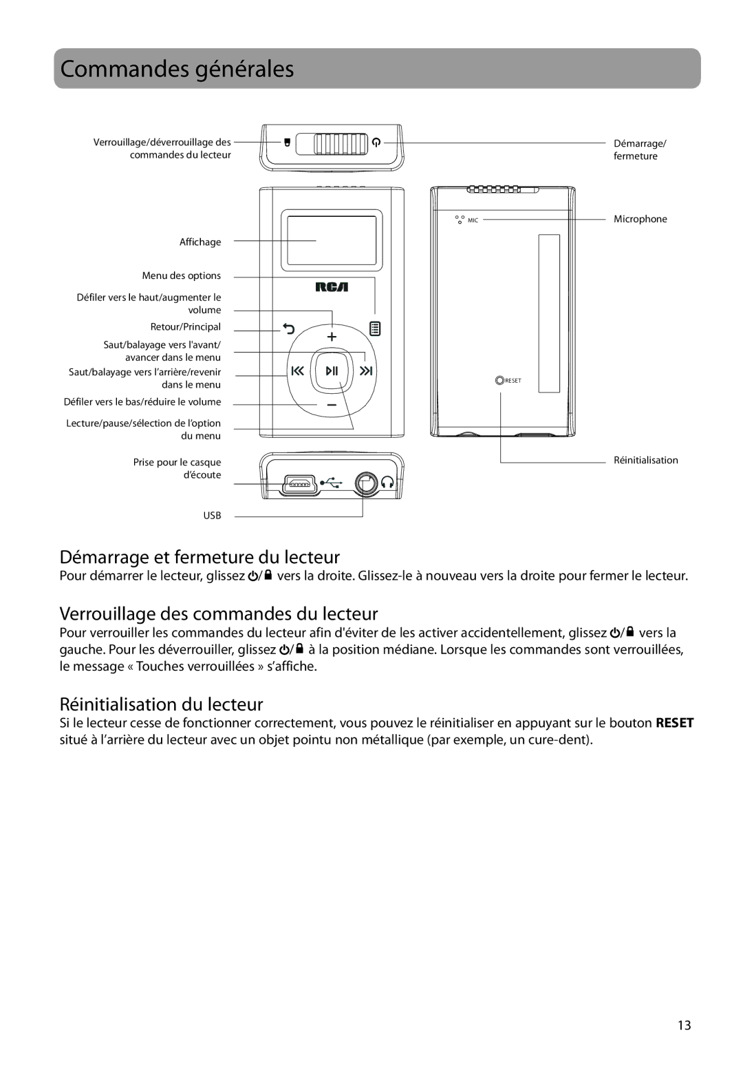 RCA M22 Series, M2208, M2202 Commandes générales, Démarrage et fermeture du lecteur, Verrouillage des commandes du lecteur 