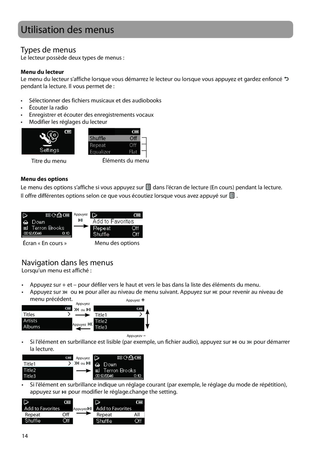 RCA M2208, M2202, M2104 Utilisation des menus, Types de menus, Navigation dans les menus, Menu du lecteur, Menu des options 