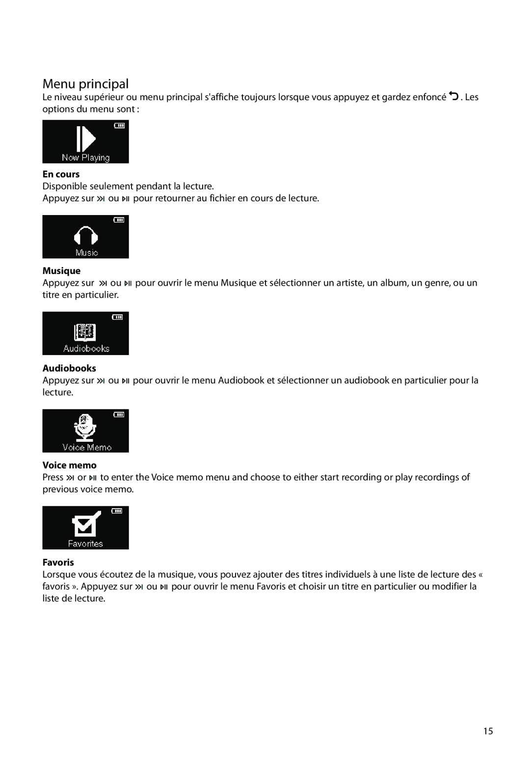 RCA M2202, M2208, M2204BL, M2204PL, M2204RD, M21 Series, M2104, M22 Series user manual Menu principal, En cours, Musique, Favoris 