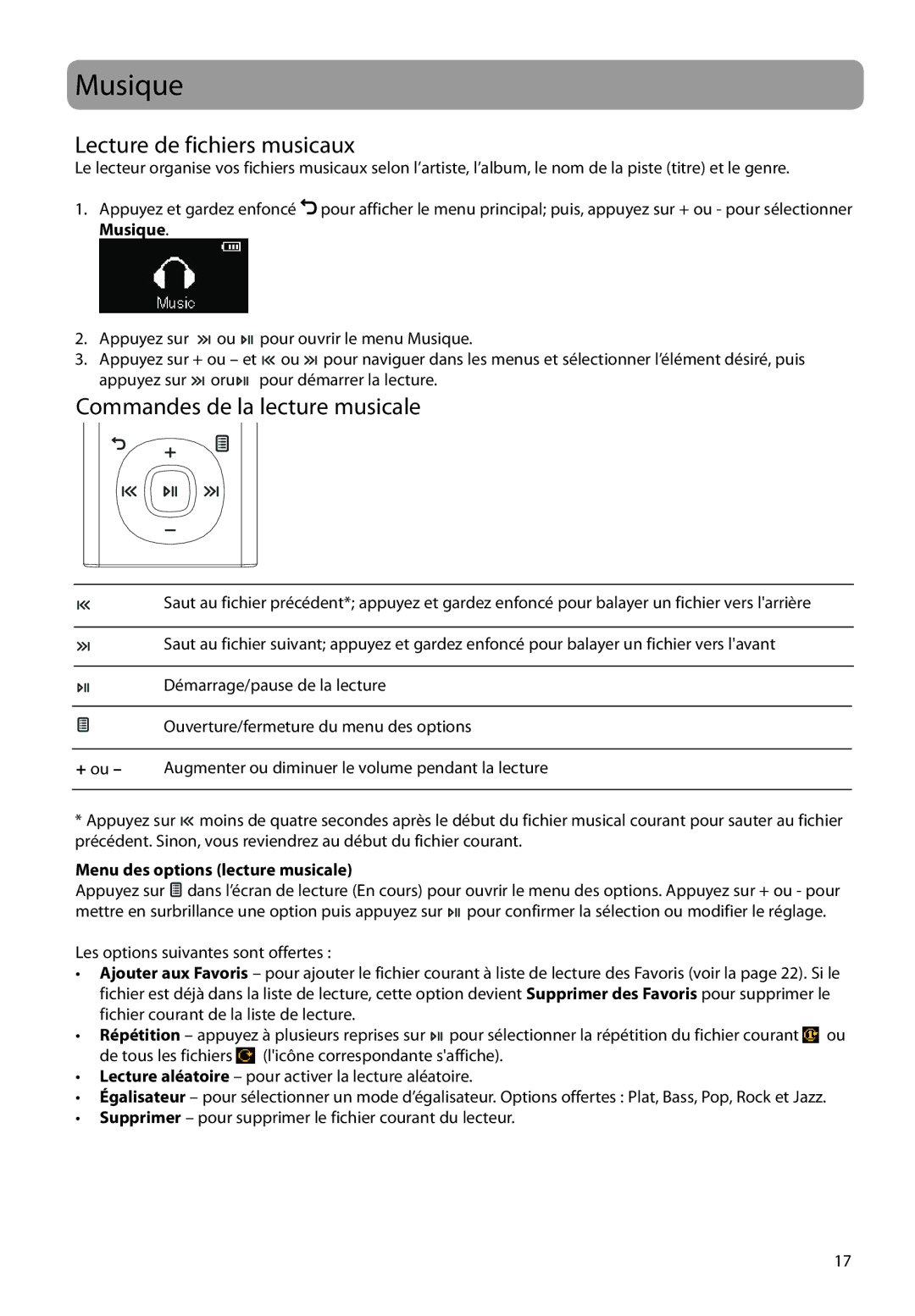 RCA M2204PL Musique, Lecture de fichiers musicaux, Commandes de la lecture musicale, Menu des options lecture musicale 