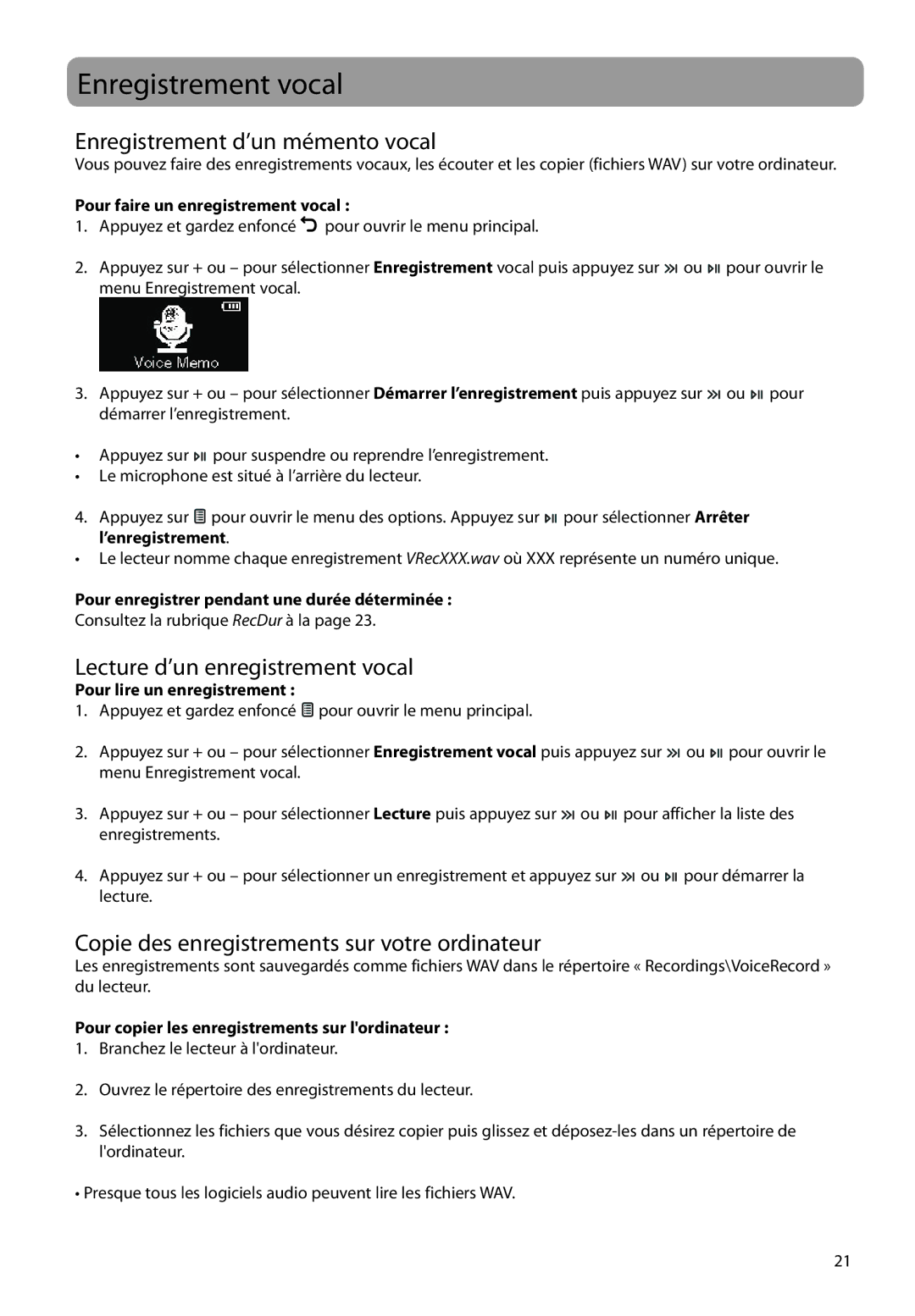 RCA M2208, M2202, M2204BL Enregistrement vocal, Enregistrement d’un mémento vocal, Lecture d’un enregistrement vocal 