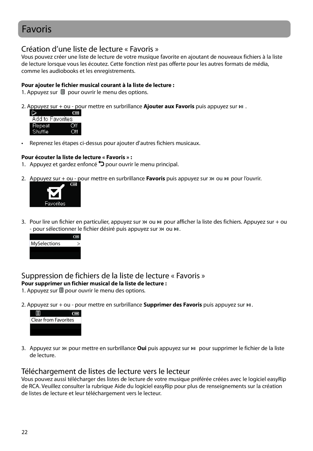 RCA M22 Series Création d’une liste de lecture « Favoris », Suppression de fichiers de la liste de lecture « Favoris » 