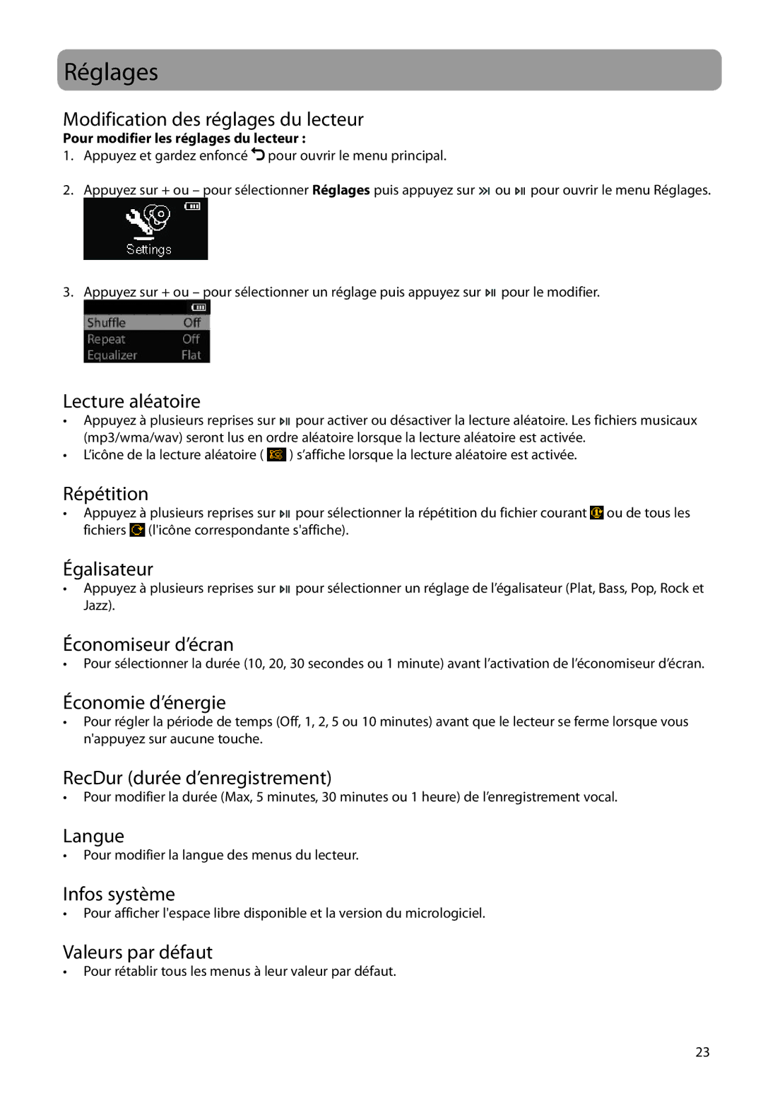 RCA M2208, M2202, M2204BL, M2204PL, M2204RD, M21 Series, M2104, M22 Series user manual Réglages 