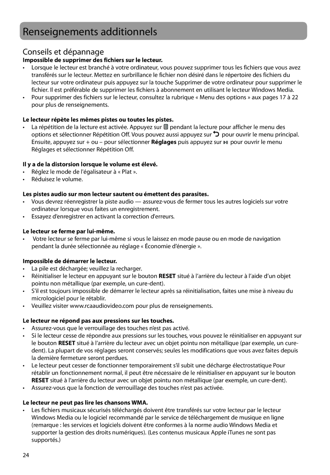 RCA M2202, M2208, M2204BL, M2204PL, M2204RD, M21 Series, M2104, M22 Series Renseignements additionnels, Conseils et dépannage 