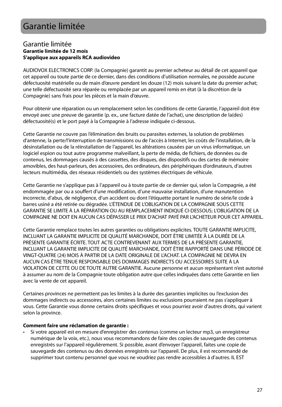 RCA M2204RD, M2208, M2202, M2204BL, M2204PL, M21 Series, M2104 Garantie limitée, Comment faire une réclamation de garantie 