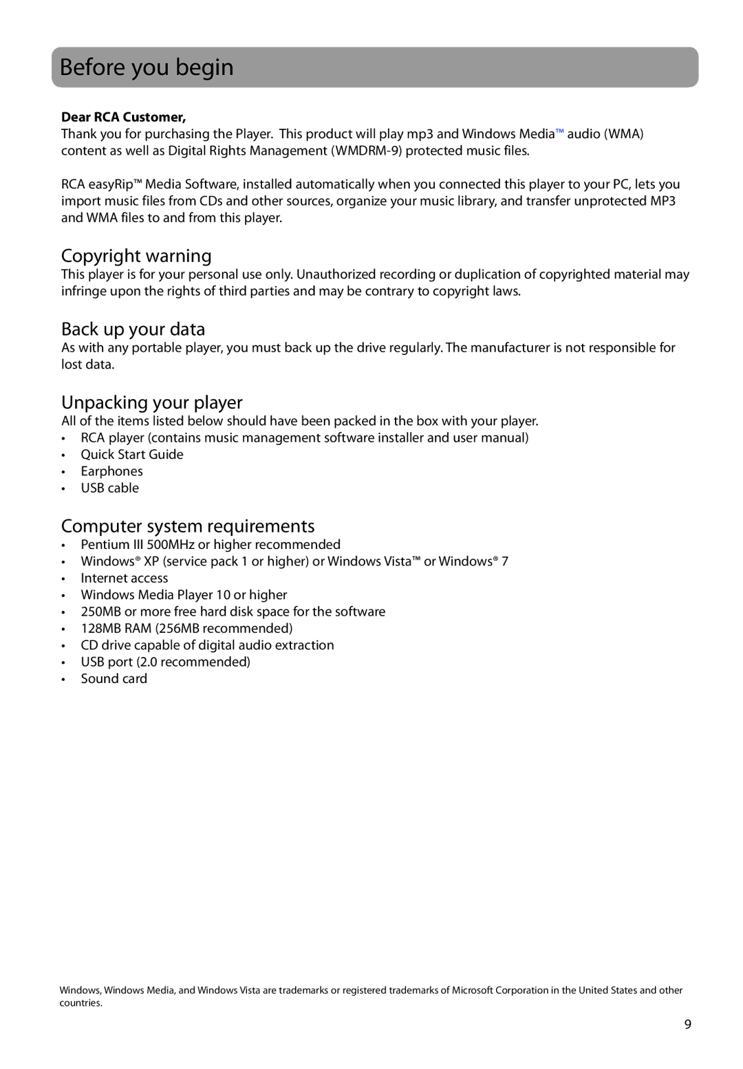 RCA M2208 Before you begin, Copyright warning, Back up your data, Unpacking your player, Computer system requirements 