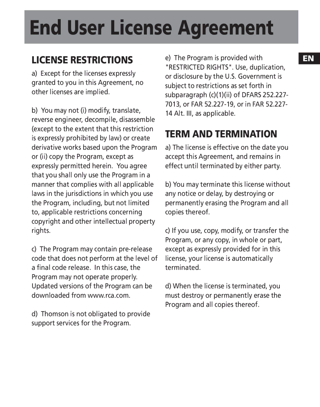 RCA MC2502, M2501, M2500, M2502, MC2501, MC2500 user manual License Restrictions 