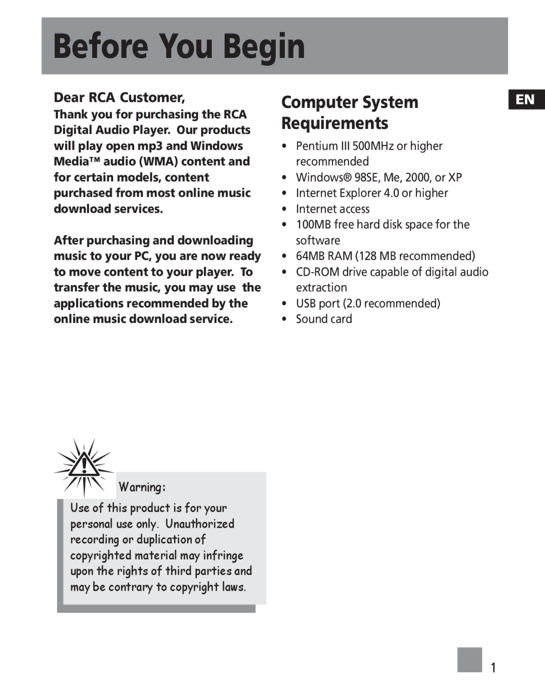 RCA M2501, M2500, M2502, MC2501, MC2500, MC2502 user manual Before You Begin, Computer System, Requirements 