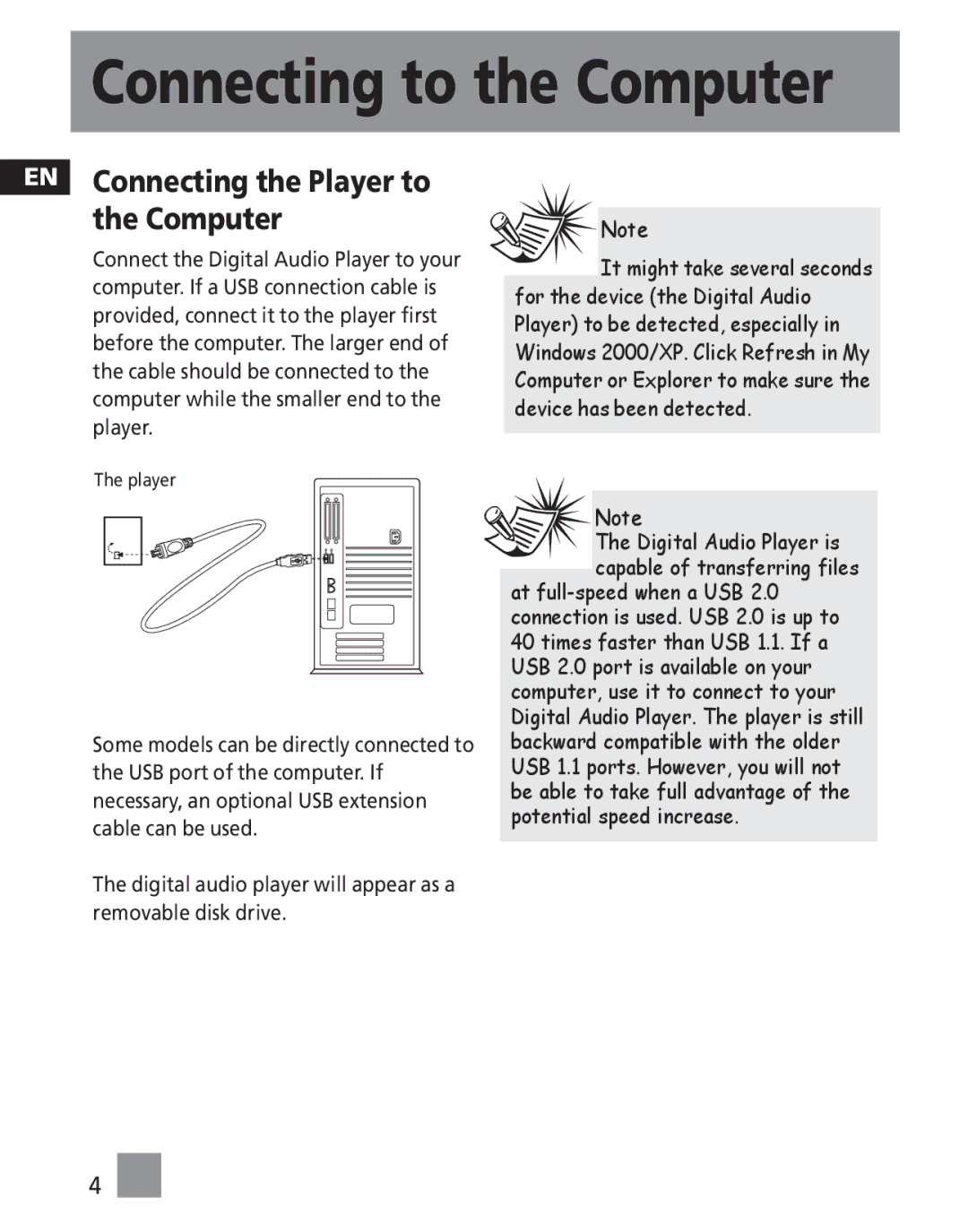 RCA M2501, M2500, M2502, MC2501, MC2500, MC2502 user manual Connecting to the Computer, EN Connecting the Player to the Computer 