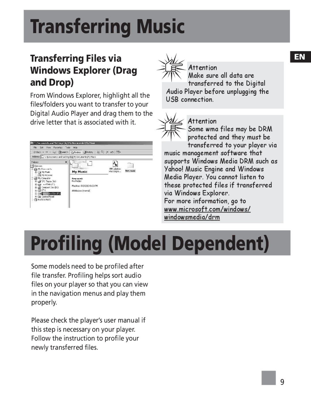 RCA M2501, M2500, M2502, MC2501, MC2500 Profiling Model Dependent, Transferring Files via Windows Explorer Drag and Drop 