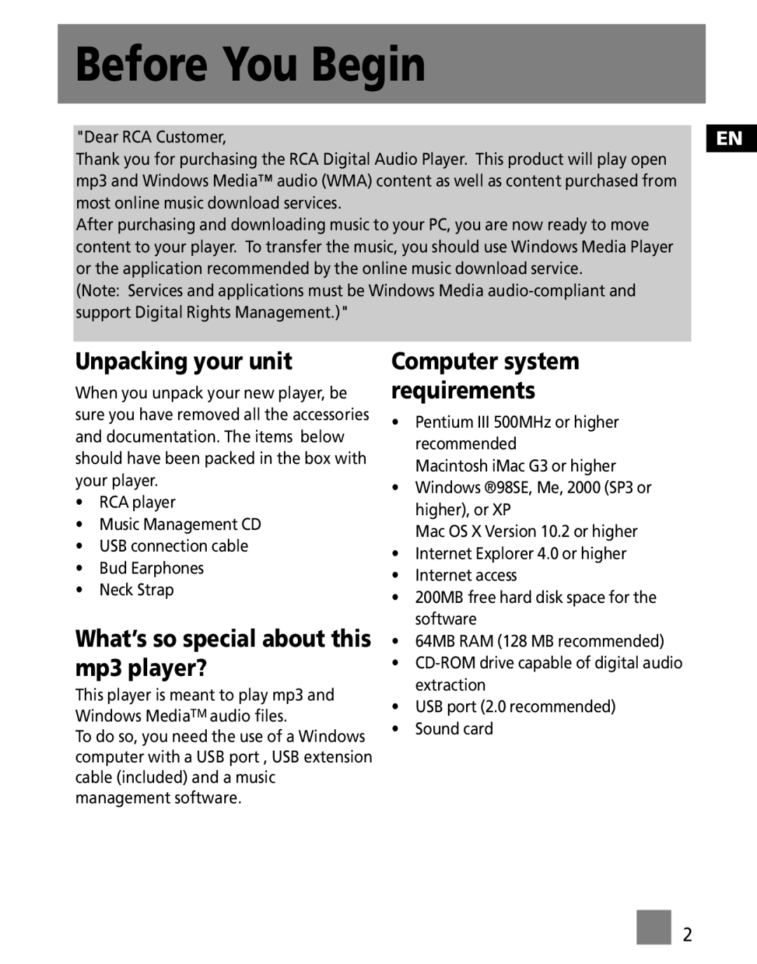 RCA M2502 Before You Begin, Unpacking your unit, What’s so special about this mp3 player?, Computer system requirements 