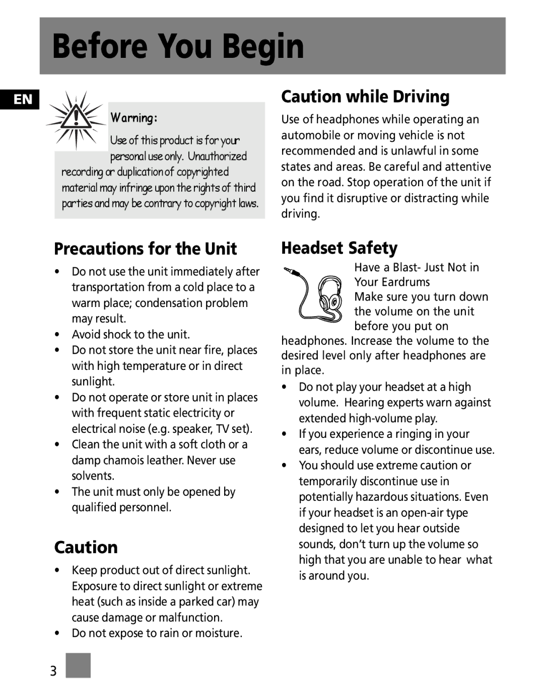 RCA MC2501, M2501, M2500, M2502, MC2500, MC2502 Precautions for the Unit, Headset Safety, Do not expose to rain or moisture 