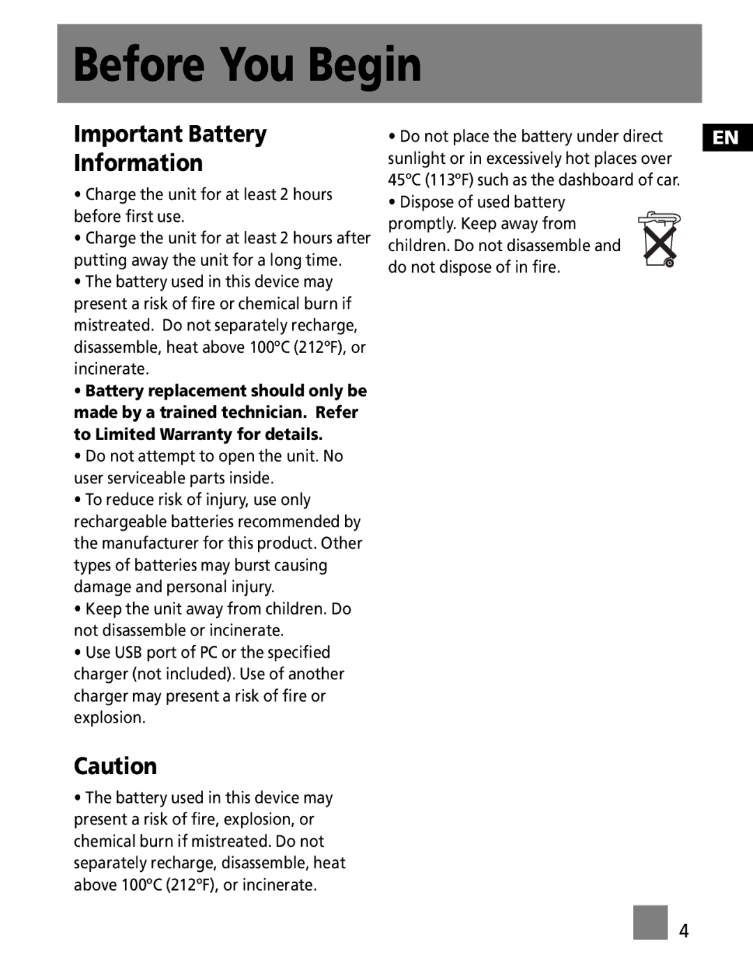 RCA M2501, M2500, M2502, MC2501 Important Battery Information, Charge the unit for at least 2 hours before first use 