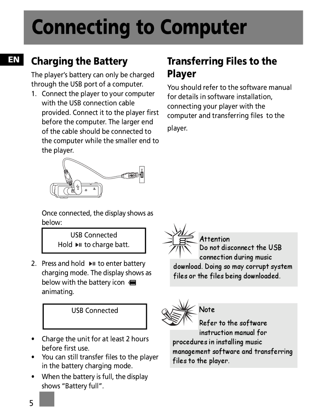 RCA MC2500, M2501, M2500, M2502, MC2501 Connecting to Computer, EN Charging the Battery, Transferring Files to the Player 