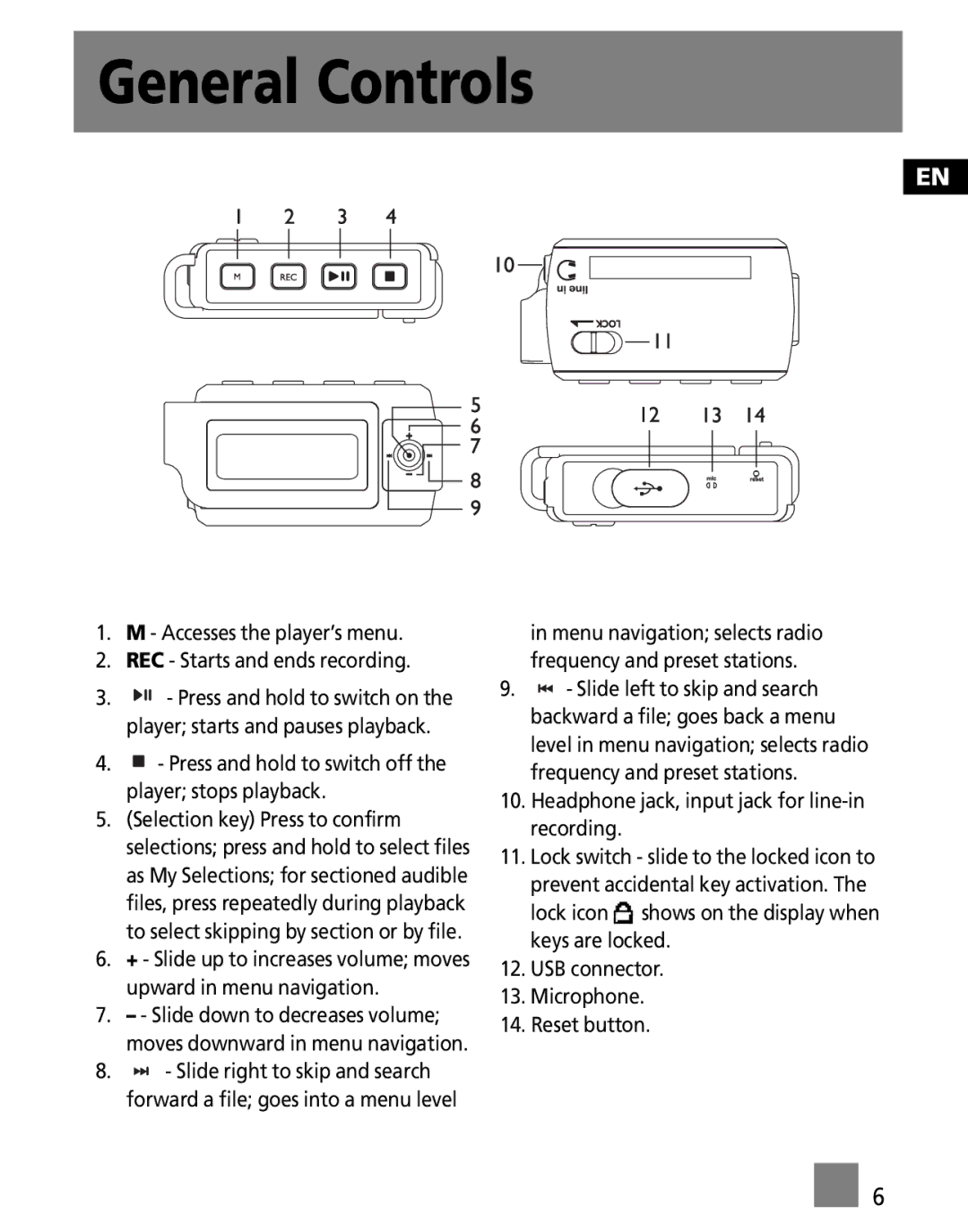 RCA MC2502, M2501, M2500, M2502, MC2501, MC2500 General Controls, Accesses the player’s menu REC Starts and ends recording 