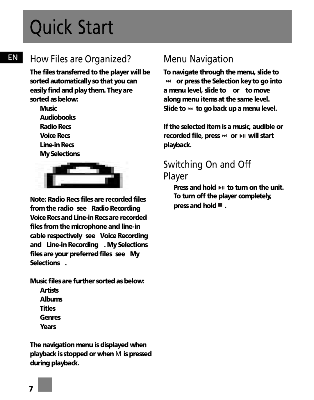 RCA M2501, M2500, M2502, MC2501 Quick Start, EN How Files are Organized?, Menu Navigation, Switching On and Off Player 