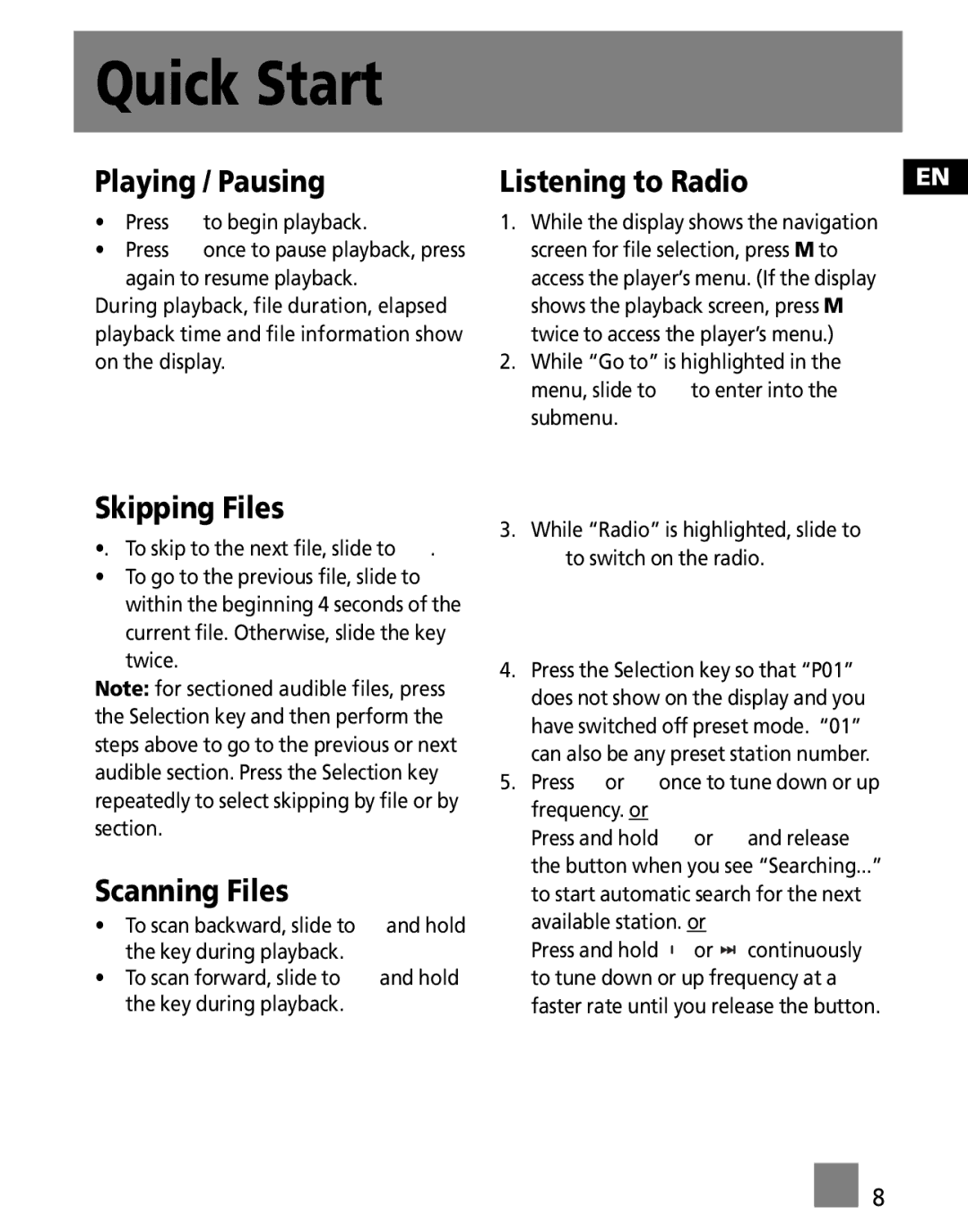 RCA M2500 Playing / Pausing, Skipping Files, Scanning Files, While Radio is highlighted, slide to To switch on the radio 