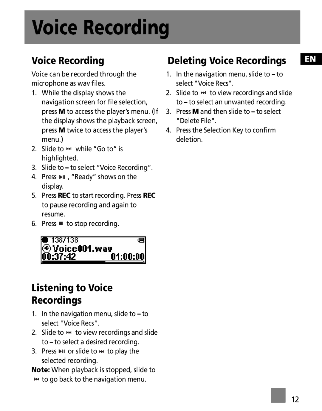 RCA M2501, M2500, M2502, MC2501, MC2500 Listening to Voice Recordings, Navigation menu, slide to to select Voice Recs 