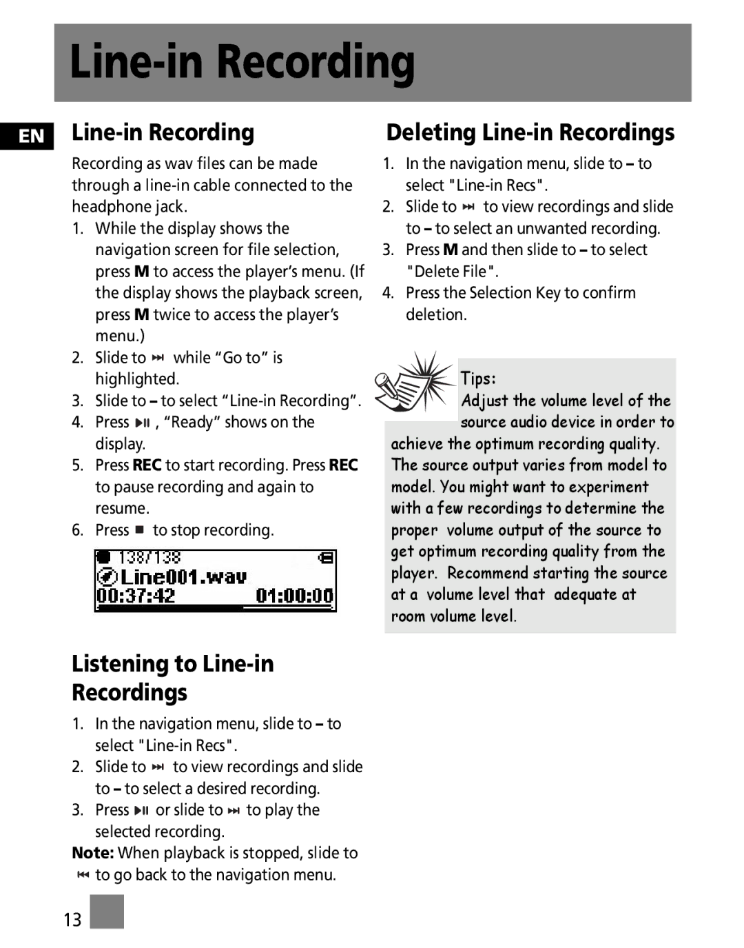 RCA MC2500, M2501, M2500, M2502 EN Line-in Recording, Deleting Line-in Recordings, Listening to Line-in Recordings 