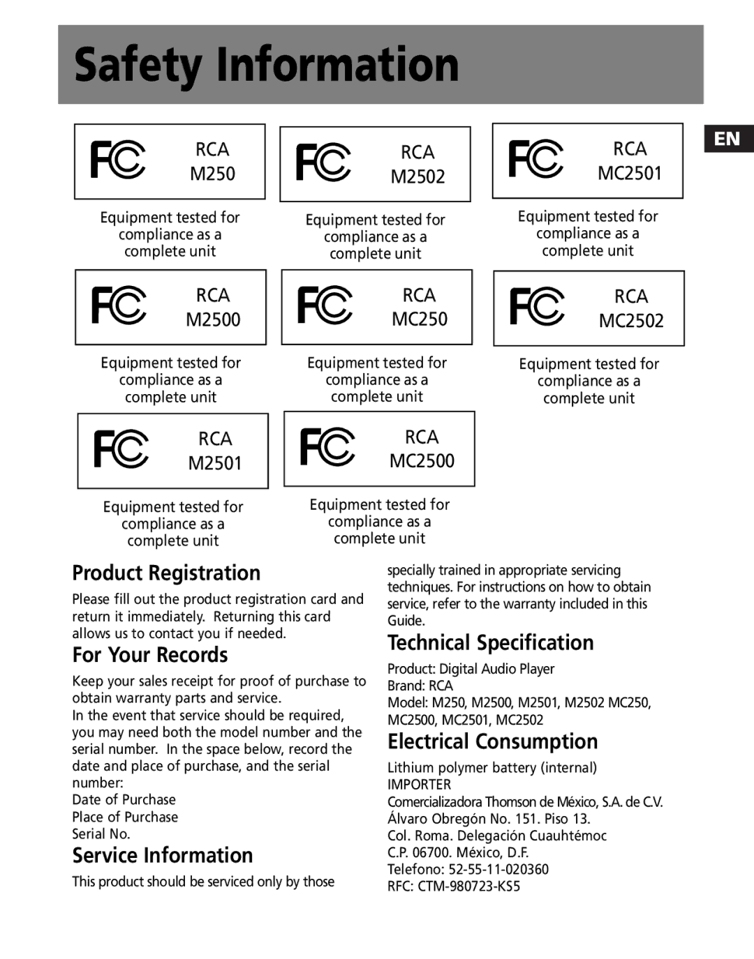 RCA M2502, M2500, MC2501, MC2502 Safety Information, Equipment tested for Compliance as a Complete unit, M2501 MC2500 